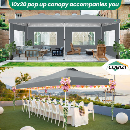 COBIZI Canopy 10x20 Pop Up Canopy Tent with 6 Sidewalls, One Push Party Tents for Parties Outdoor Wedding Waterproof Gazebo Commercial Event Tent with Sandbags, Grey