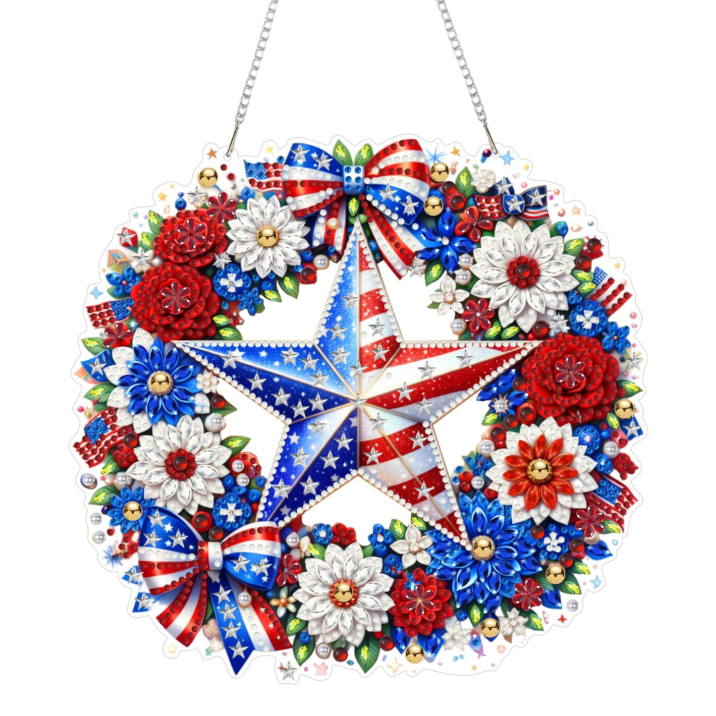 Eiflow Acrylic Diamond Art Hanging Kit for Adults 4th of July, DIY Diamonds Painting Door Hanging Board Kit, Special Crystal Diamond Art Painting Pendant Ornament (Wreath)