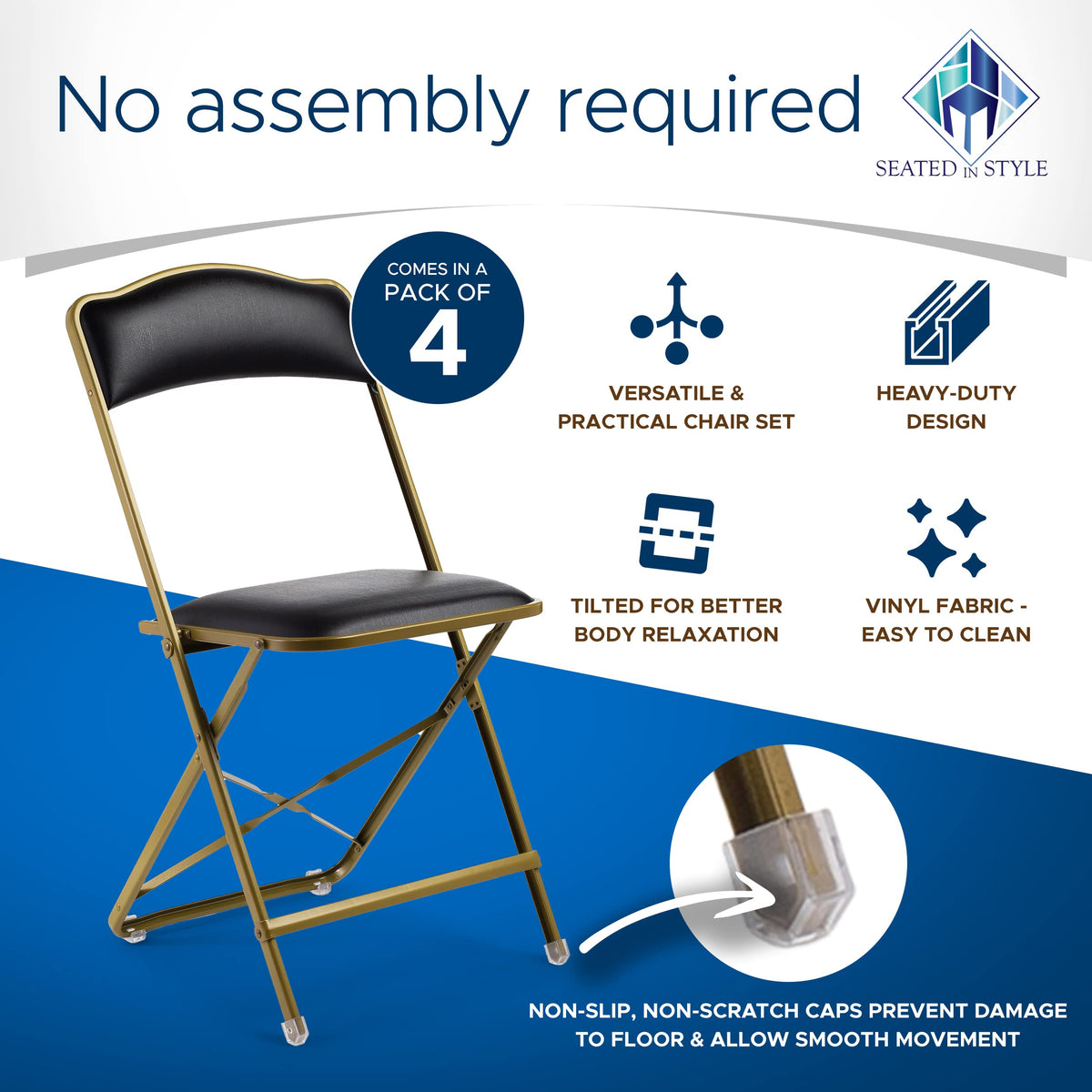 Premium Folding Chairs 4 Pack - Narrow 15" Seat, Padded Seat & Back - Folds Ultra Slim (~1 Inch) - Elegant Event Seating for Weddings, Parties & Dining Gold Frame Black Vinyl