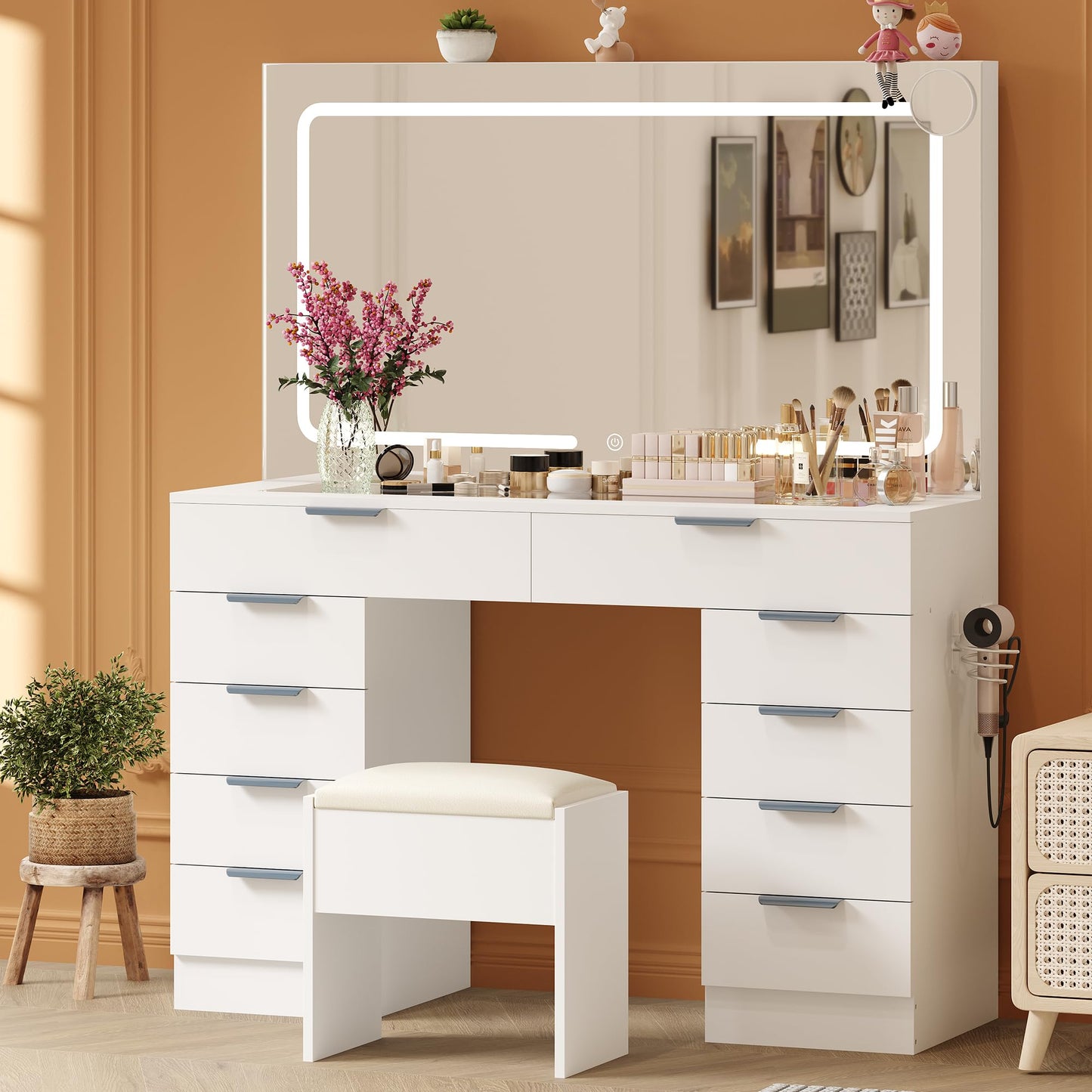 IDEALHOUSE Large Vanity Desk with Mirror, Clear Glass Top, Stool, LED Lights and Power Outlet, 45'' Width Makeup Vanity Table Set with 10 Drawers for Bedroom Dressing Room