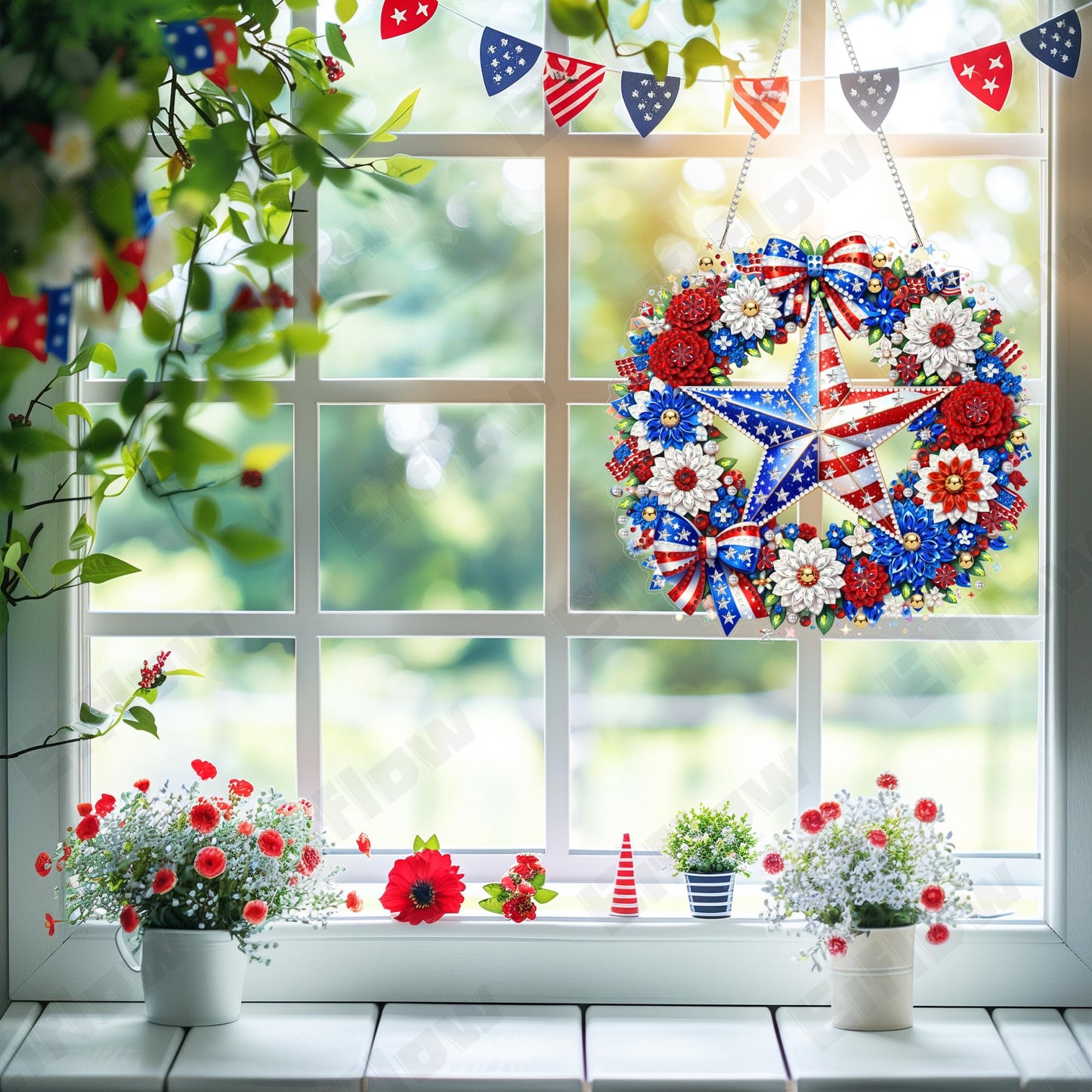 Eiflow Acrylic Diamond Art Hanging Kit for Adults 4th of July, DIY Diamonds Painting Door Hanging Board Kit, Special Crystal Diamond Art Painting Pendant Ornament (Wreath)