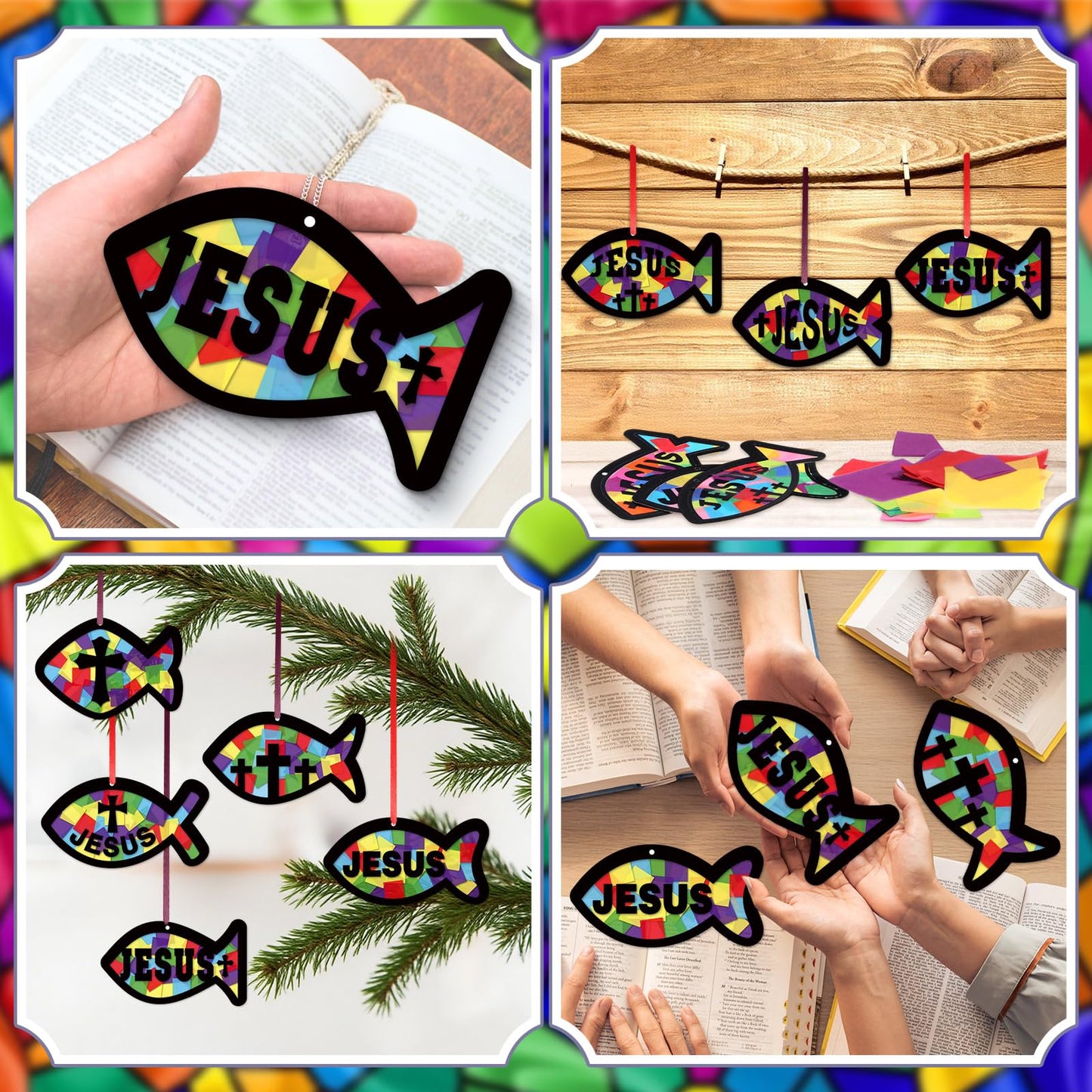 Funrous 32 Set Faith Fish Suncatcher Crafts Kit DIY Easter Christain Cross Crafts with Tissue Paper Religious Sun Catcher Ornaments Church Sunday School VBS Classroom Activities Window Decor Supplies