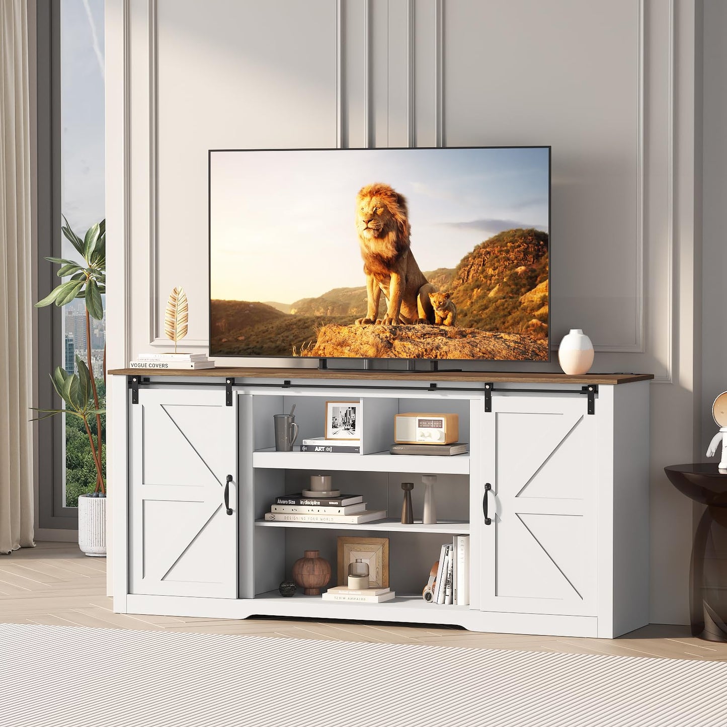 Garvee 70" Farmhouse TV Stands for 80" Television, Entertainment Center with Sliding Barn Door, Media TV Console Table with Storage & Adjustable Shelves for Living Room, White+Brown