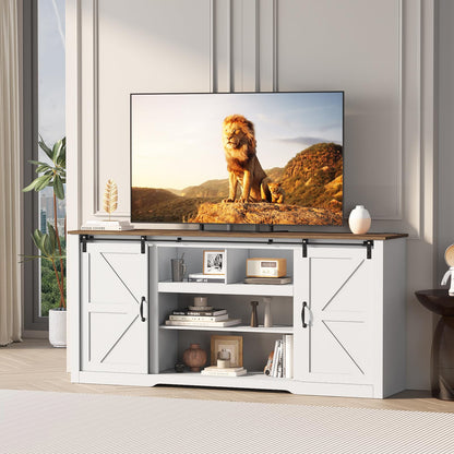 Garvee 70" Farmhouse TV Stands for 80" Television, Entertainment Center with Sliding Barn Door, Media TV Console Table with Storage & Adjustable Shelves for Living Room, White+Brown