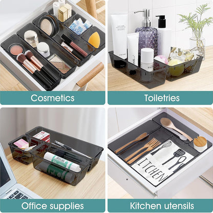 WOWBOX 6 PCS Clear Plastic Drawer Organizer Set, Desk Drawer Divider Organizers for Makeup, Jewelry, Gadgets, Black