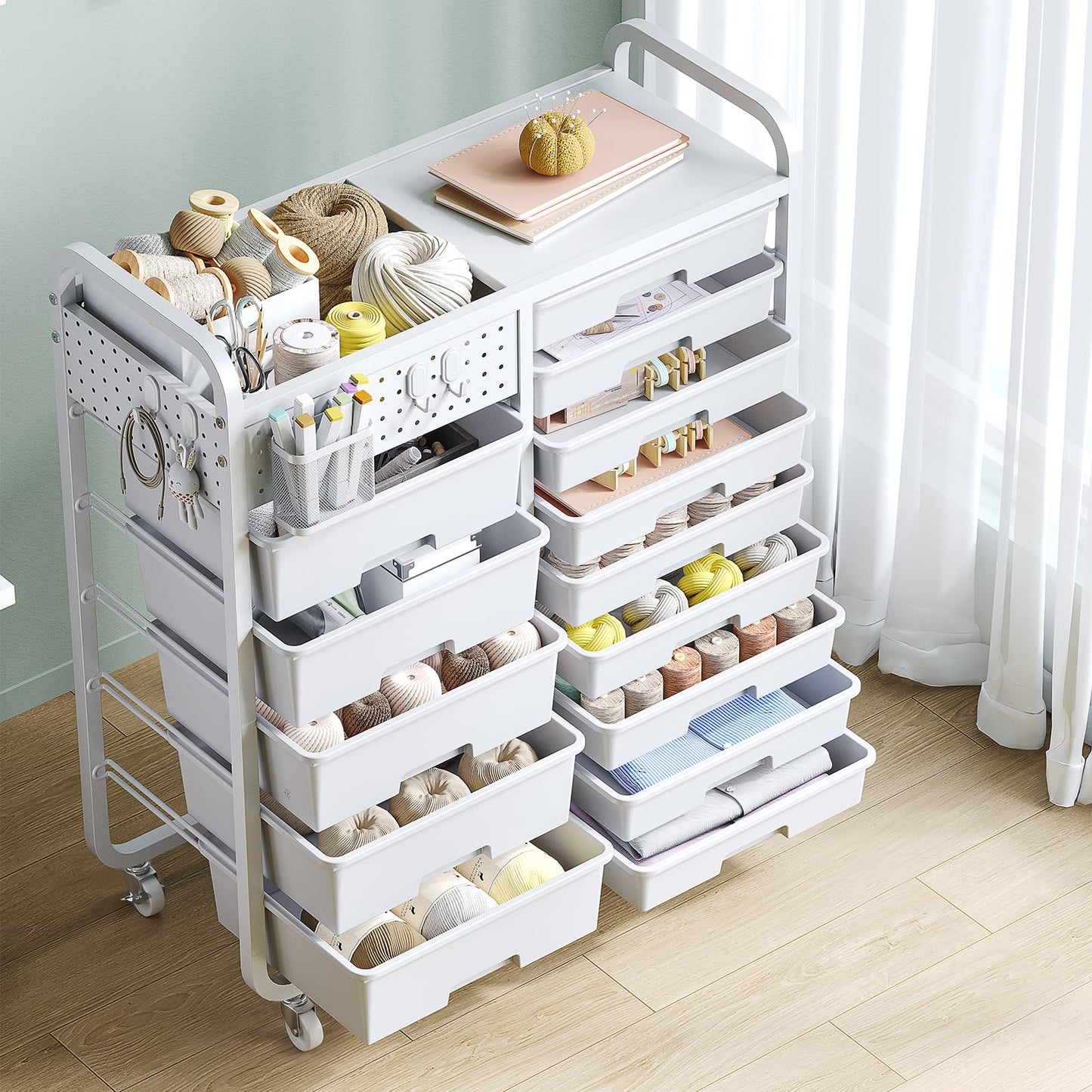 14-Drawers Rolling Storage Cart with Tabletop & Pegboard, Multi-Purpose Utility Organizer Cart for Home, Classroom, Office, Dorm & Bedroom