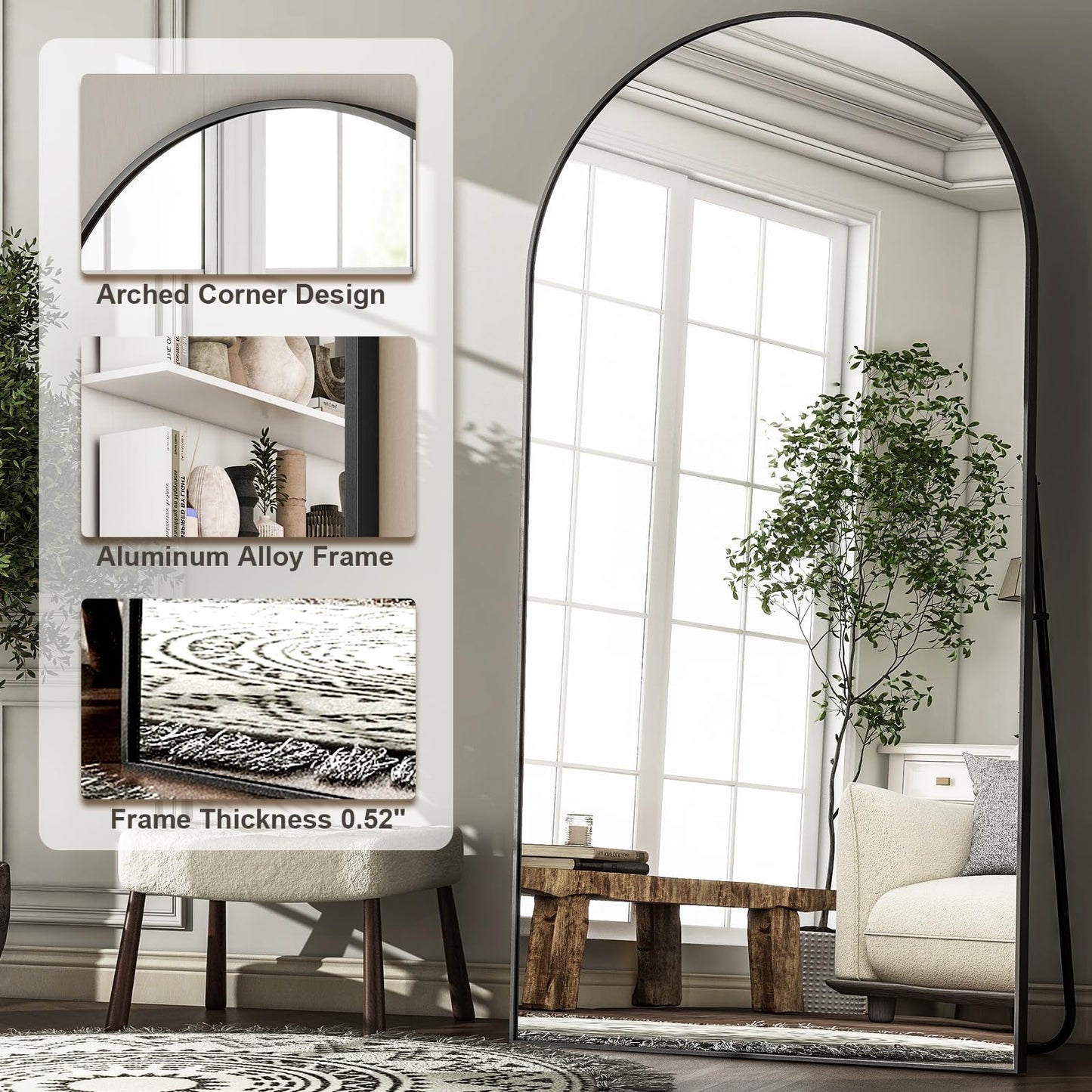 HARRITPURE 76"x46"Full Length Mirror - Arch Floor Mirrors with Aluminum Alloy Frame Free-Standing Wall Mounted or Leaning Large Bedroom Dressing Mirror,Black