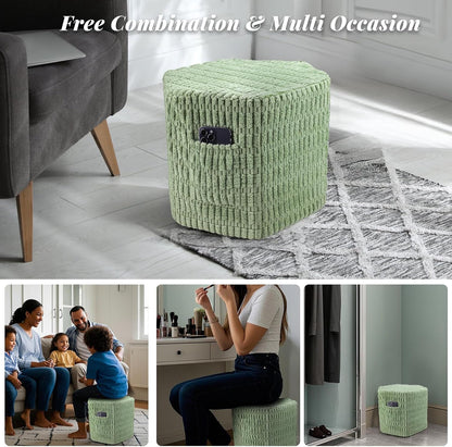 2 Hexagon Pouf Ottoman Stuffed with Pockets & Handle, Comfort Corduroy Poufs, Non-Slip Foot Stool Storage Ottoman, Foam
