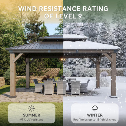 Aoxun 12' x 16' Outdoor Wood Gazebo, Hardtop Gazebo Permanent Wooden Pavilion with Galvanized Steel Double Roof, for Patio, Garden, Backyard, Cedar Wood, Grey