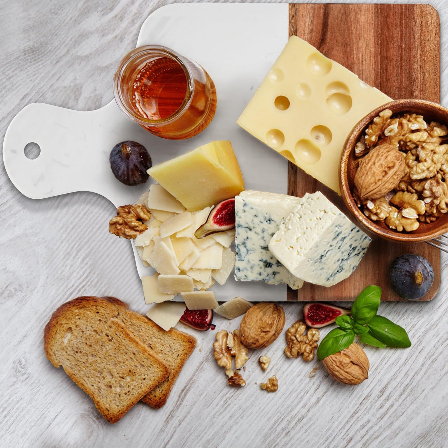 Coloch Marble and Acacia Wood Cutting Board, Charcuterie Chopping Board with Handle, Decorative Serving Board for Cheese, Steak, Bread, Fruit (white)