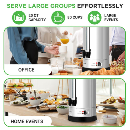 NutriChef Water Boiler and Hot Water Dispenser, 19L Electric Beverage Dispenser with Safety Lock Lid, Non-Drip Tap, Warm Function, Food Grade Stainless Steel, Home & Commercial Use, 19"x9"x9", Silver