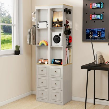 Havemies 73 Inch Media Storage Cabinet with Integrated Organization System, Antique White Slim Design Features 3 Drawers and Hooks for CD DVD and Game Console Display