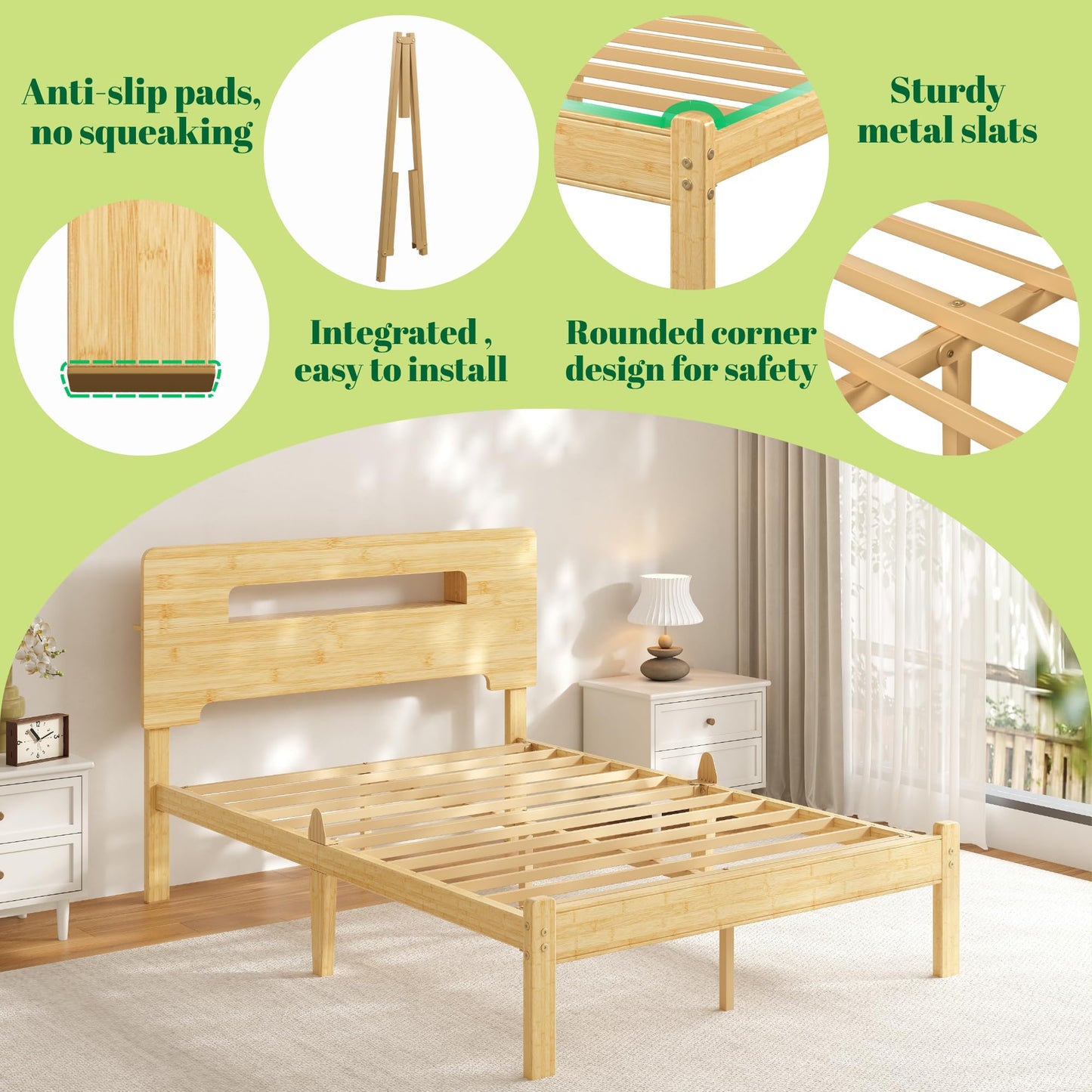 Askeld Wood Full Bed Frame with Storage Shelf Headboard, 14 Inch High Bamboo Platform Bed No Box Spring Needed, Mid-Century Heavy Duty Bedframe, Easy Assembly, Noise Free