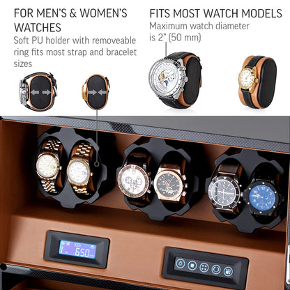 Automatic Watch Winder with 6 Storage Slots, LED Light and Automatic Motor-Stop Option