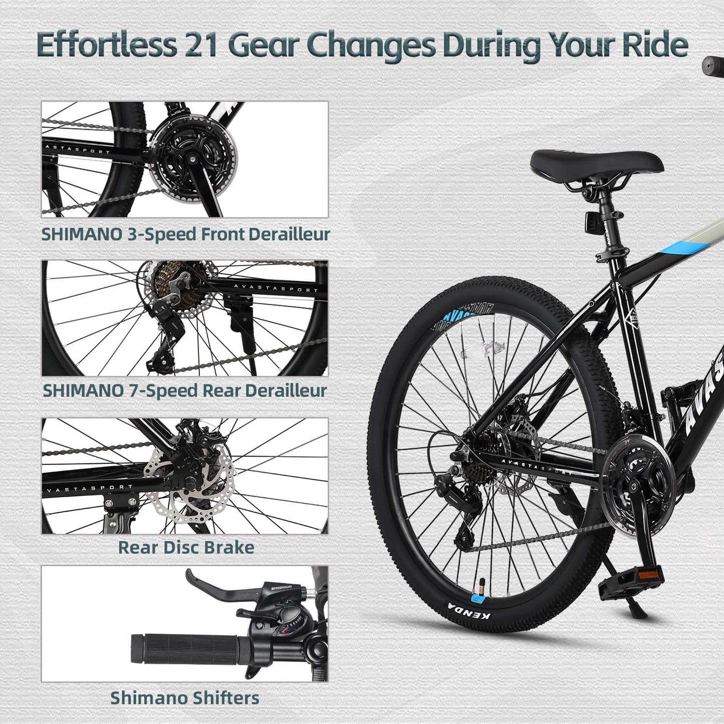 AVASTA 26-inch Mountain Bike for Man Male and Woman Female Adult with Lightweight Aluminum Alloy Frame and Dual Disc Brakes,Front Suspension,21-Speed Gear Shifters,Hidden Brake Cables,Grey