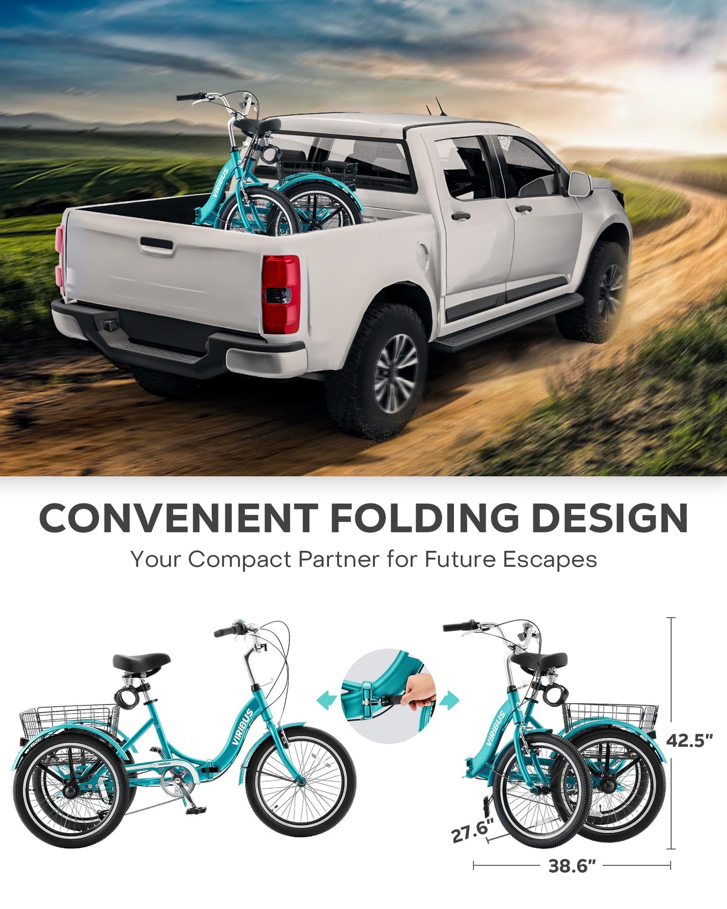 VIRIBUS Folding Tricycle for Adults, 20 inch 7 Speed Foldable Adult Tricycle for Women Men Seniors with Dual Chain, Folding 3 Wheel Bike with Lock, Collapsible Three Wheel Bicycle 330 lb. Teal
