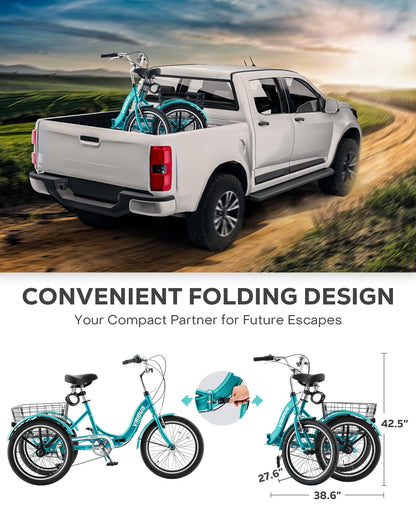 VIRIBUS Folding Tricycle for Adults, 20 inch 7 Speed Foldable Adult Tricycle for Women Men Seniors with Dual Chain, Folding 3 Wheel Bike with Lock, Collapsible Three Wheel Bicycle 330 lb. Teal