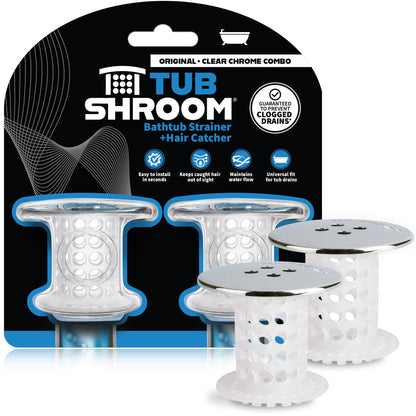TubShroom Bathtub Drain Protector and Hair Catcher - 2 Pack, Chrome - Fits 1.5" - 1.75" Bathtub and Shower Drains