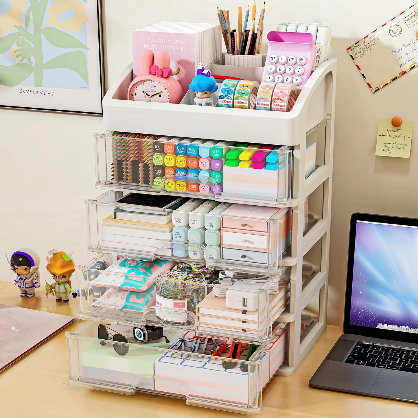Desk Organizer with 4 Drawer Storage, Desktop Drawers Organizer for Office/School Supplies, Plastic Stationary Makeup Organizer, Desk Storage Box Organizer for Office, School, Bathroom