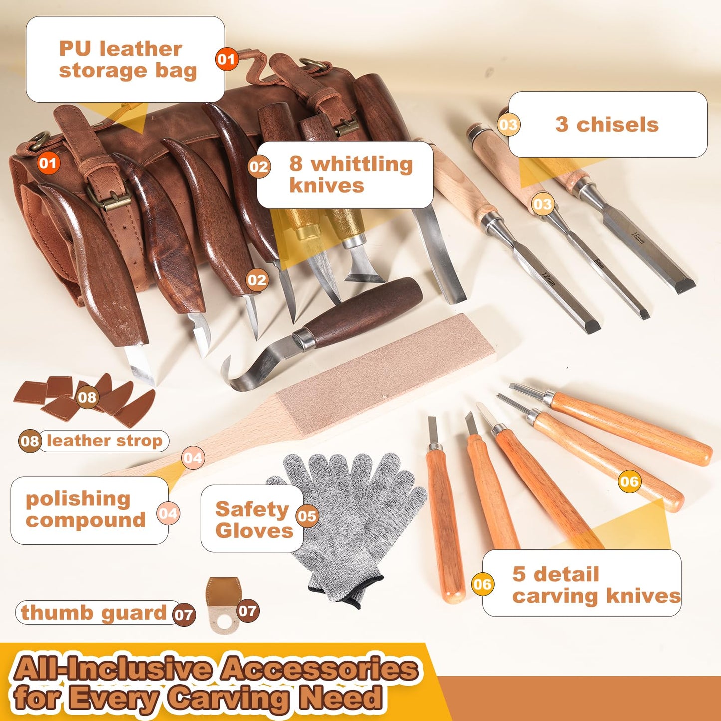Premium Professional Wood Carving Kit - 28pcs wood carving Tools set whittling kit Ergonomic Walnut Handles, Razor-Sharp High-Carbon Steel Blades