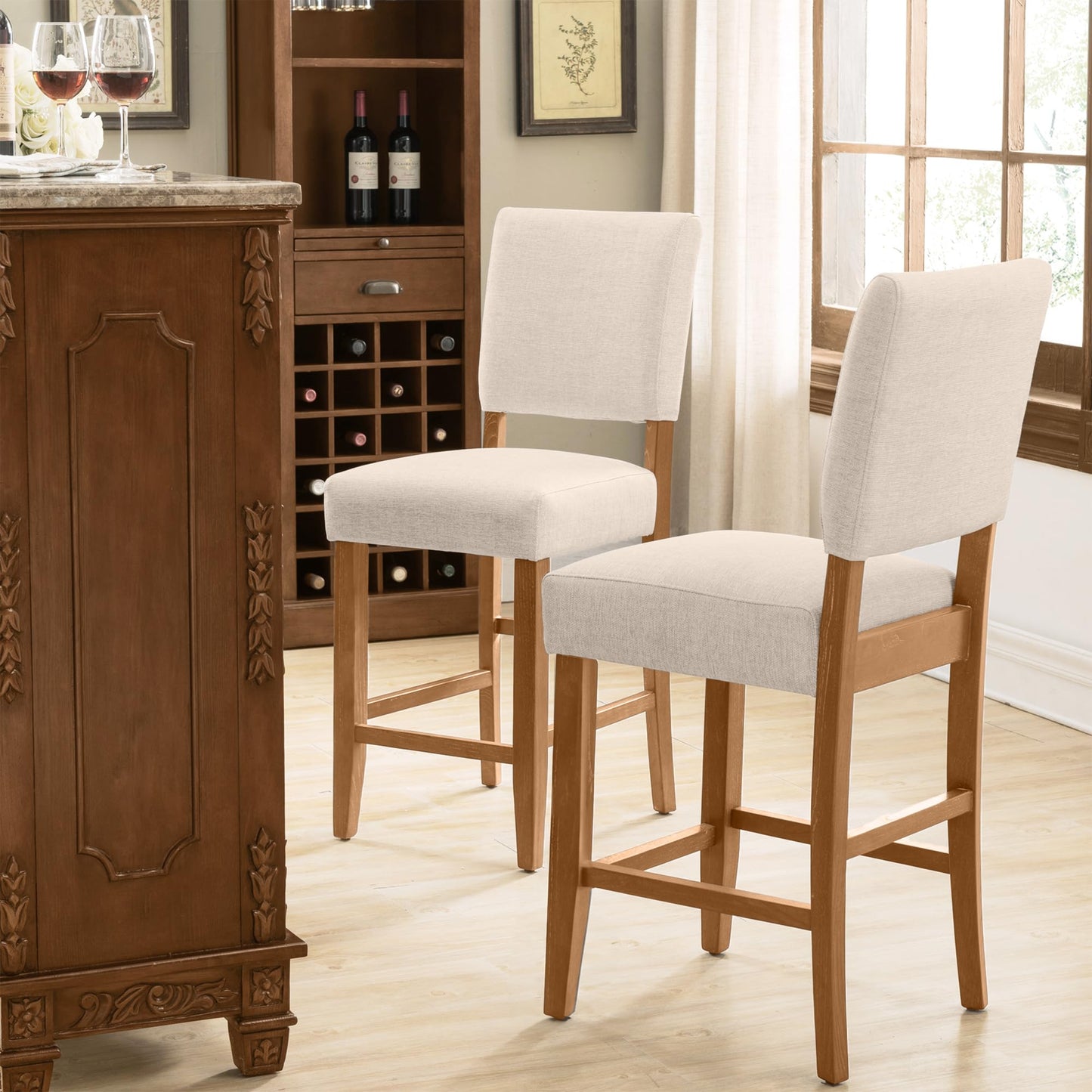 Leick Home Brax Counter Stool Set of 2, Counter Height, Solid Wood Base, Upholstered Foam Cushion, Easy Assembly, Natural White Sand, 17.75 in L x 19 in D x 40 in H, Item 214460