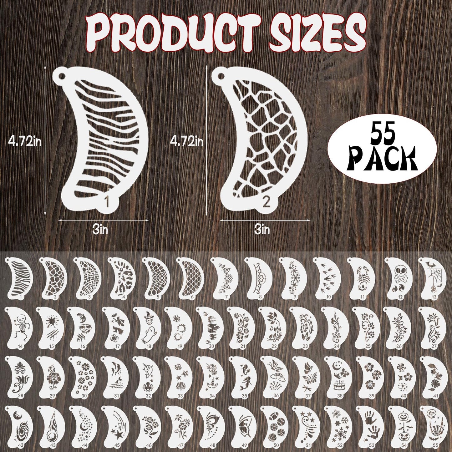 55 Pcs Face Paint Stencils, Reusable Face Painting Stencils Washable Body Makeup Art Tattoo Templates Flowers Animals Shapes Elements with Hanging Hole for Party Holiday Halloween, White Translucent