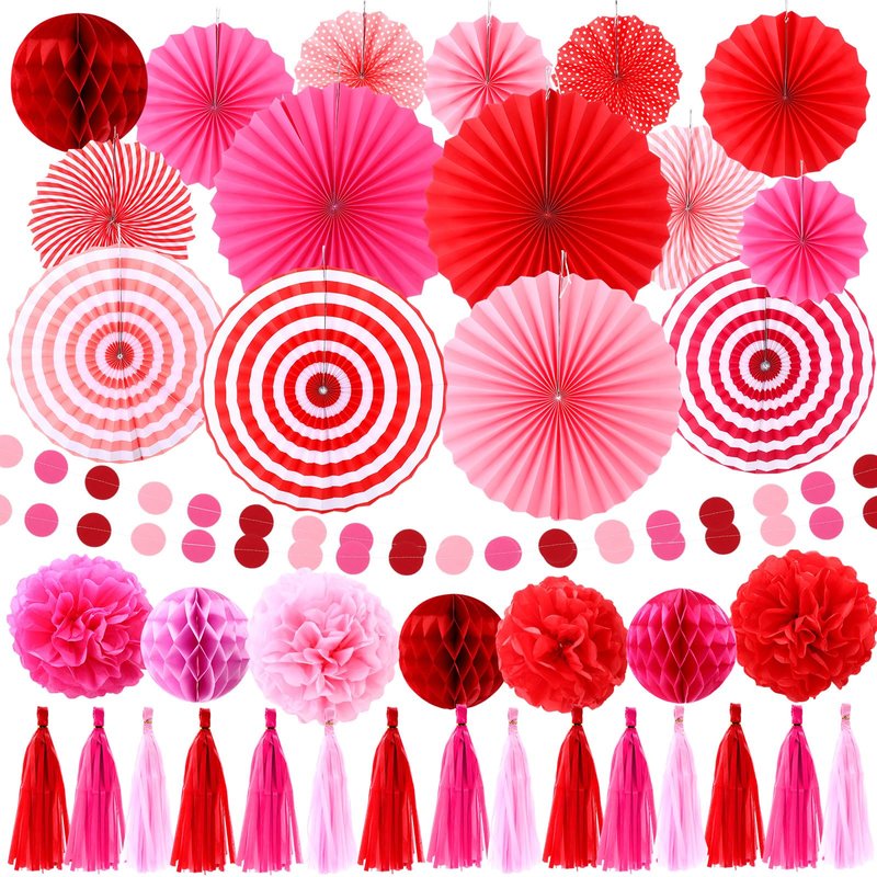 Epakh 50 Pcs Valentine's Day Decorations Paper Fans Valentine's Day Party Decoration Tassel Flowers Hanging Fans Garlands Red Pink Paper Poms Balls Streamer Decor for Wedding Birthday Bridal Shower