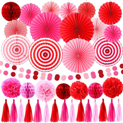 Epakh 50 Pcs Valentine's Day Decorations Paper Fans Valentine's Day Party Decoration Tassel Flowers Hanging Fans Garlands Red Pink Paper Poms Balls Streamer Decor for Wedding Birthday Bridal Shower