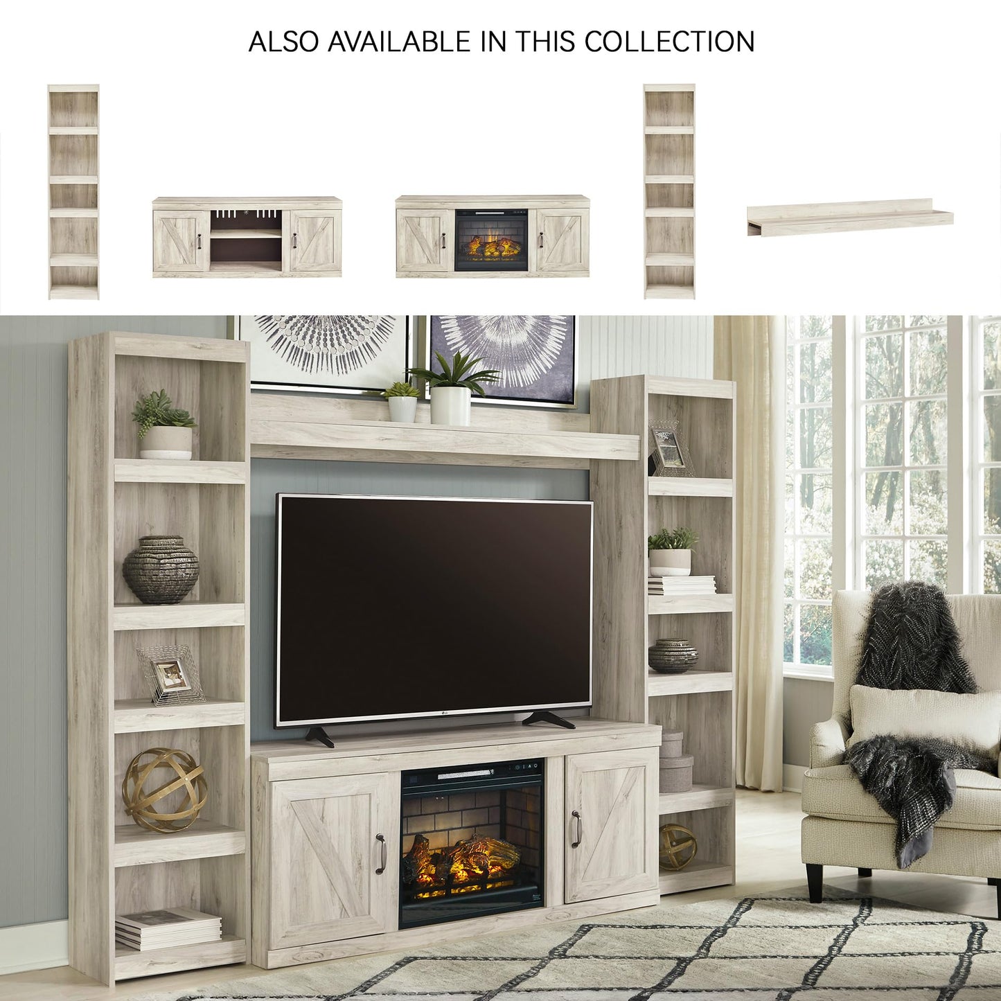 Signature Design by Ashley Bellaby Farmhouse 4-Piece Entertainment Center for TVs up to 69" with Electric Fireplace, Whitewash