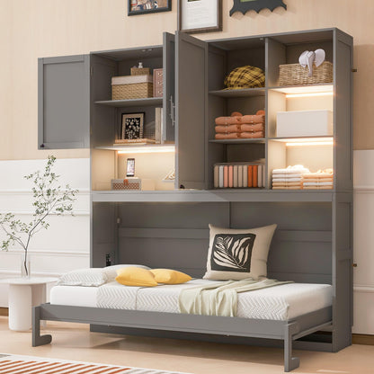 Ball & Cast Twin Size Murphy Bed,Foldable Wall Bed with Top Cabinet,Storage Shelves,Hidden Cabinet Bed Frame with Led Light and USB Port for Bedroom,Guest Room,Space Saving,No Box Spring Needed, Gray