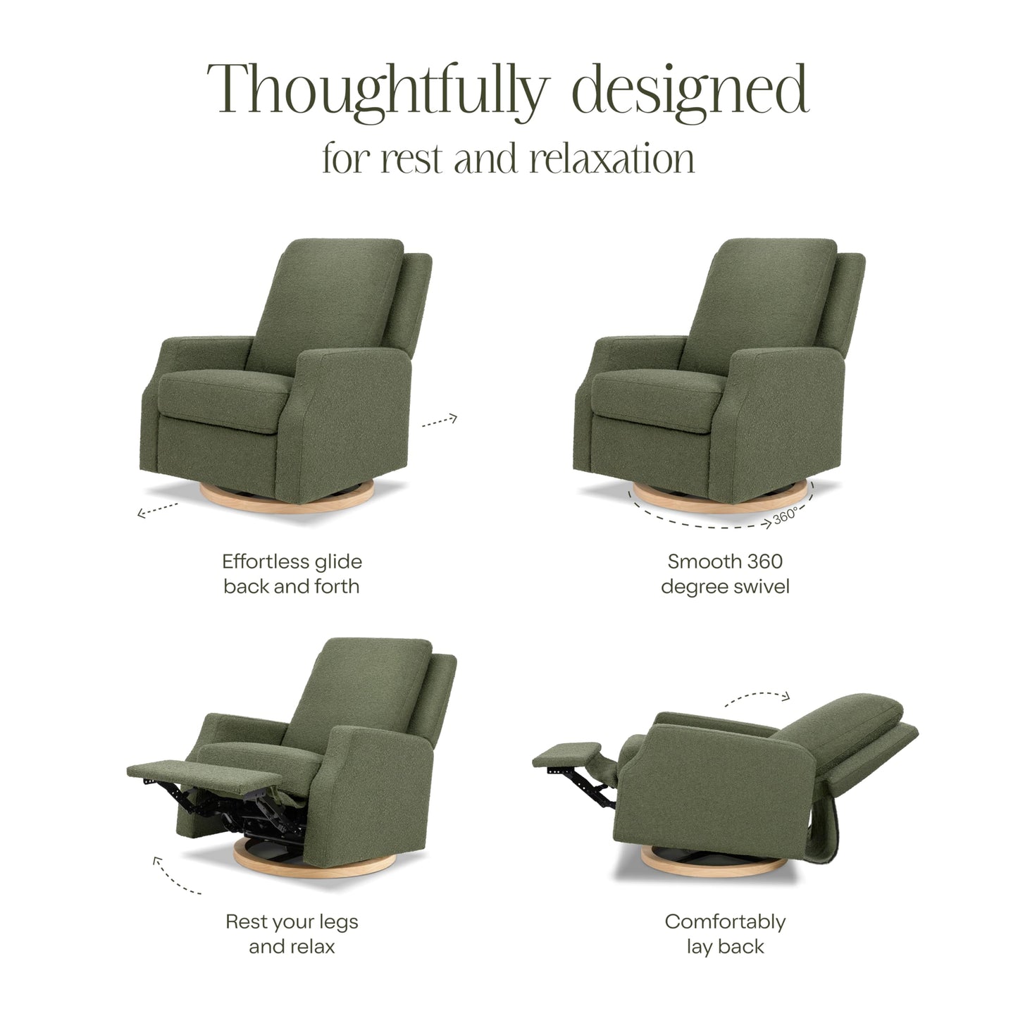 Namesake Crewe Glider Recliner Nursery Chair - GREENGUARD Gold & Certi-PUR US Certified Rocker Recliner - Glider Rocking Chair for Nursery & Living Room - Manual, 360° Swivel, Olive Boucle