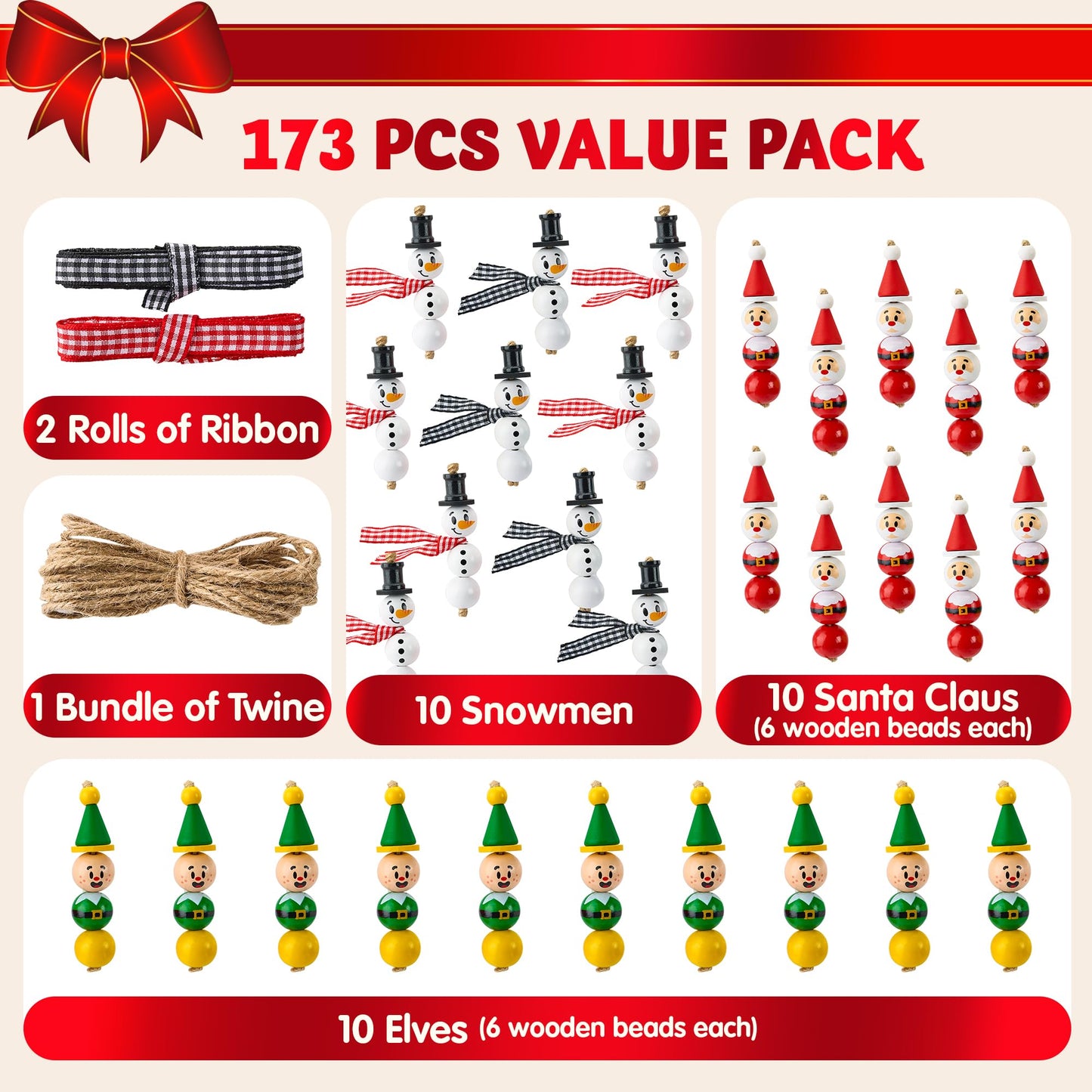JOYIN 173 Pcs Christmas DIY Wooden Beads Craft, Printed Wood Round Beads Make Up to 30 Hanging Ornaments of Snowman, Santa Santa & Elf for Christmas Craft, Xmas Holiday Decoration,Art Activities