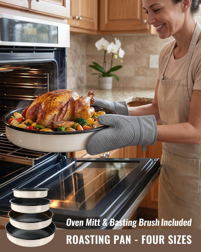 MCCSI Enamel Round Roasting Pan Set Baking Dish 4-Pack 9/10/12/14 Inch High Temperature Resistance Bakeware for Pizza Chicken, Oven Dishwasher Safe Birthday Mother Day Gift for Wife & Mom Cake Pan