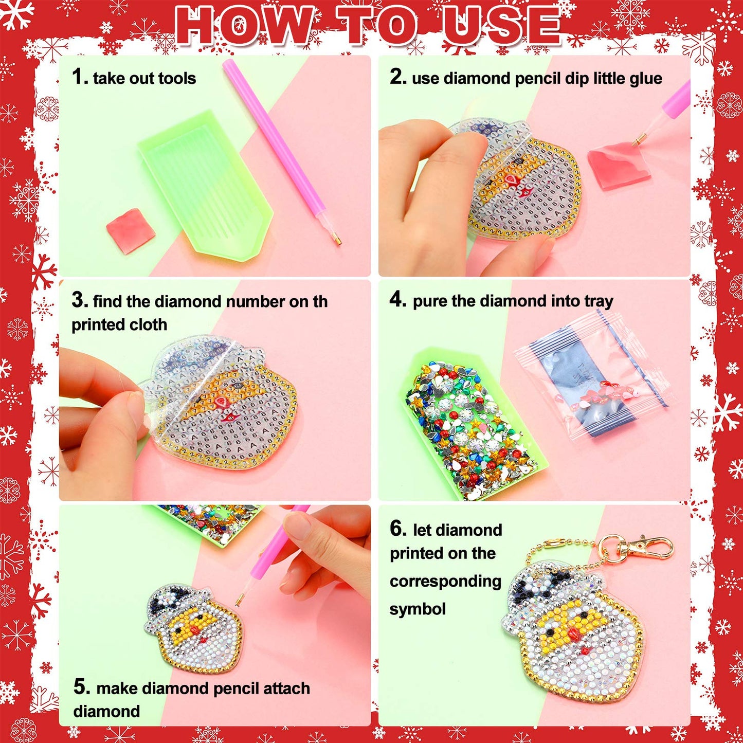 WILLBOND 16 Pieces Christmas Diamond Key Chain Kits Double Sided Diamond Art Keychain Bulk Diamond Christmas Ornament 5D Diamond DIY Painting Key Ring Pendant Christmas Tree for DIY Christmas Decor
