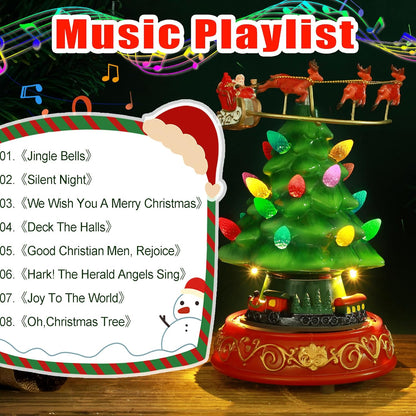 Musical Christmas Tree Decor - Rotating Train & Santa Elk Figurines with LED Lights | Festive Home Tabletop Decoration