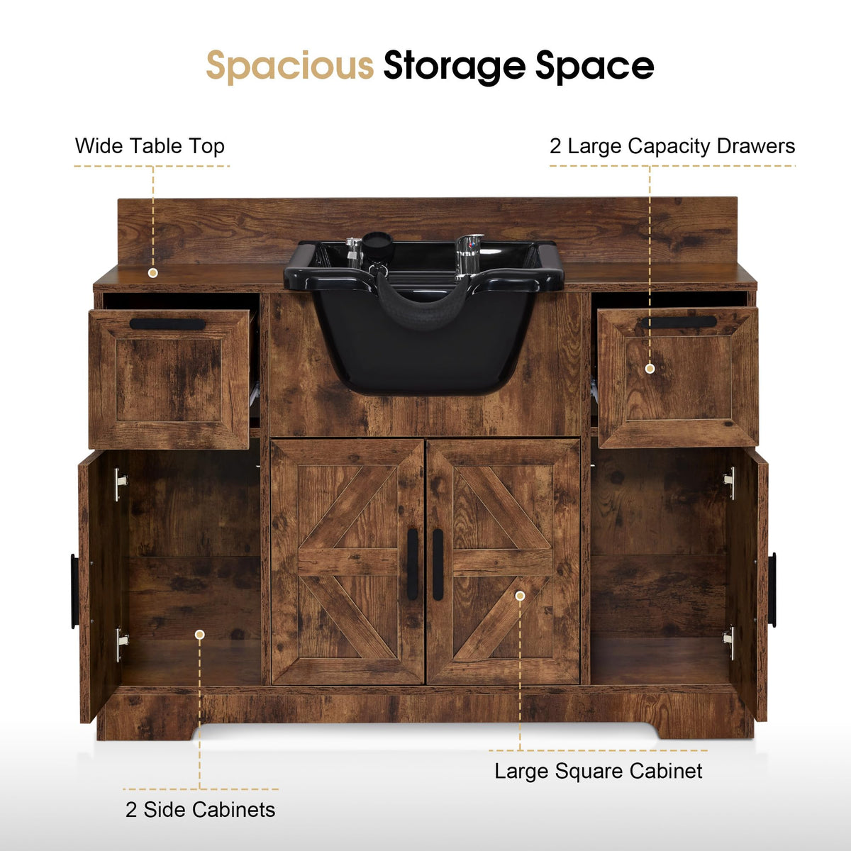 BarberPub Portable Shampoo Station, Shampoo Bowl with Cabinet & Drawer, Salon Geometric Finish Station with Sprayer Faucet, Barber Storage Equipment with Hair Wash Backwash Sink 3439 (Rust Brown)