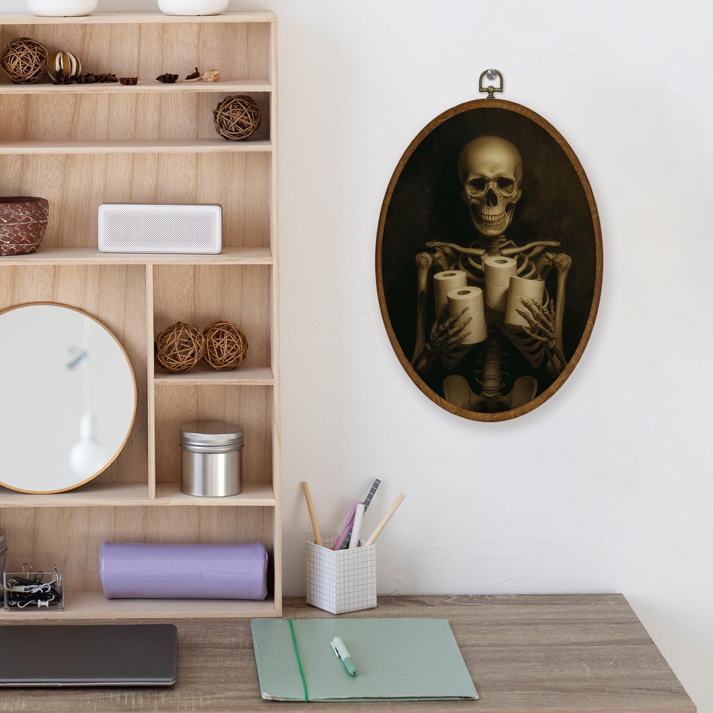WULQYING Funny Gothic Skeleton Bathroom Wall Art Decor, Dark Academia Skeleton Oval Framed Canvas Art Prints, Halloween Wall Hanging Decor for Home Bathroom Washroom Restroom Toilet, 8.6x11.4 Inches