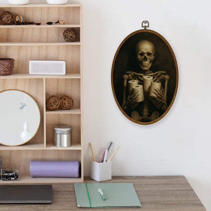 WULQYING Funny Gothic Skeleton Bathroom Wall Art Decor, Dark Academia Skeleton Oval Framed Canvas Art Prints, Halloween Wall Hanging Decor for Home Bathroom Washroom Restroom Toilet, 8.6x11.4 Inches