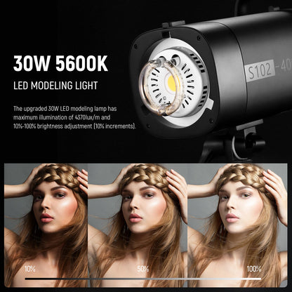 NEEWER Photo Studio Backdrop Support System + S102-400W PRO Flash Lighting Kit (2 Pack) with Light Stands, Bowens Mount Softboxes, 5 in 1 Reflector, Bag, Background Stand with Max Load 8.8lb/4kg