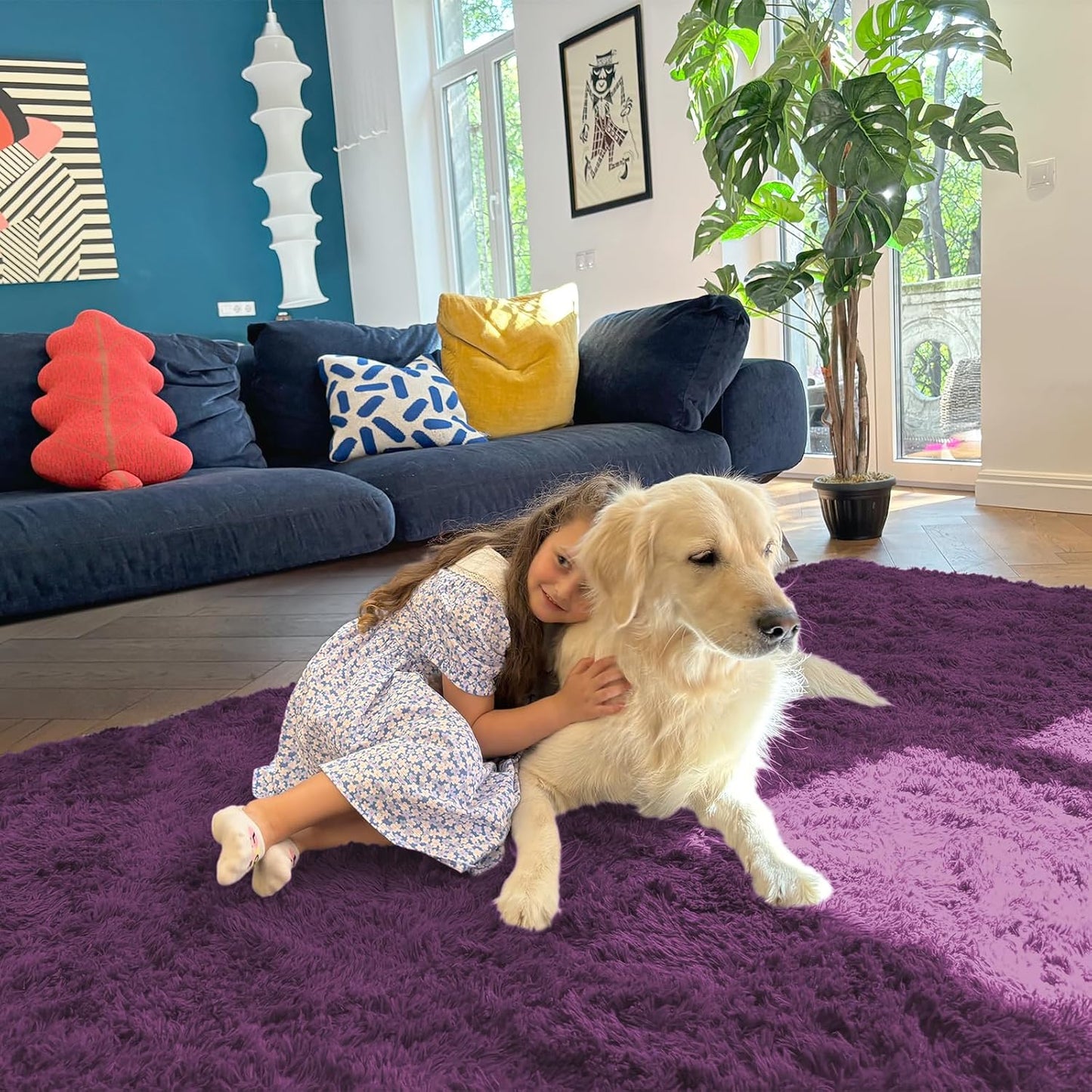 OLANLY Large Area Rug - Soft Fluffy Shaggy Carpet for Living Room & Bedroom | 5x8 Dark Purple