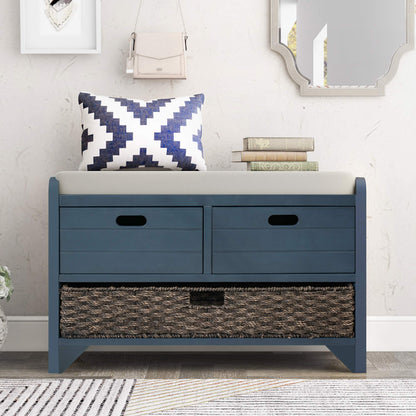 GDFStudio 2-Tier Shoe Storage Bench with Removable Basket & 2 Drawers, Farmhouse Entryway Shoe Organizer Bench with Upholstered Cushion, Wood Entry Bench Fully Assembled for Hallway Living Room, Navy