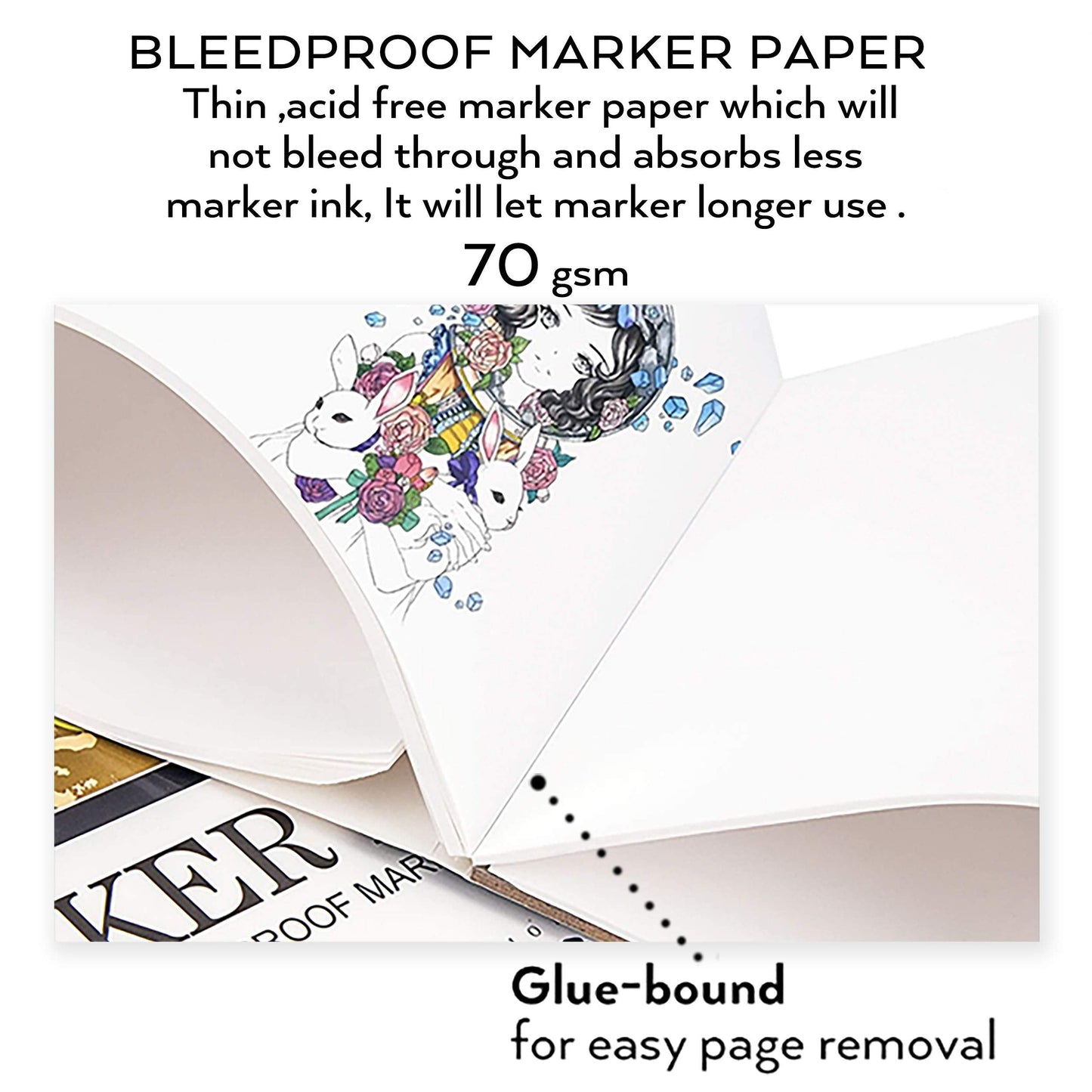 Bianyo Bleedproof Marker Paper Pad, A4(8.27"X11.69"), 50 Sheets/Pad, Pack of 2 Pads, 18 LB / 70 GSM, Glue-Bound, 100% Cotton, White, Ideal for Use with Markers and Ink Mediums