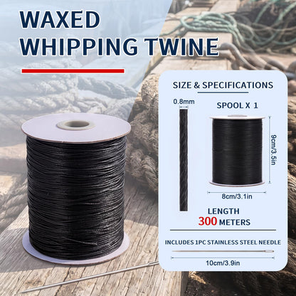 Timgle Waxed Polyester Whipping Twine 0.8mm x 985 Feet, Marine Grade Sail Repair & Rope Seizing Cord with Needle, Heavy Duty Waxed Lacing String for Leather Sewing, Camping, Outdoor Use(Black)