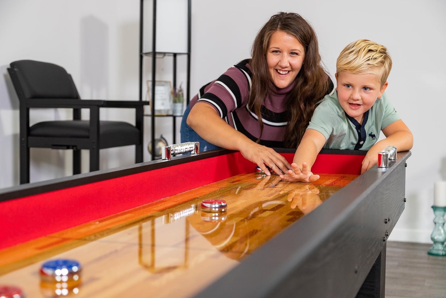 Hathaway Avenger 9 Ft Shuffleboard Table for Family Game Room – Poly-Coated Playfield, Built-in Scorer & Cabinet, Carpeted Gutters, 8 Pucks, Brush & Wax – Black Finish