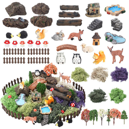 Chunful 45 Pcs Fairy Garden Accessories Miniature Garden Figurines Tiny Resin Animals Forest Kit Pool Bridge Fence Pond Mushroom for Dollhouse Potted Plant Bonsai Terrarium Decor