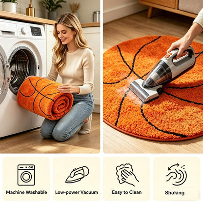 Fancytan Round Basketball Rug for Boys Bedroom, Washable Sports Round Rug for Kids Room, Basketball Room Decor, Orange (‌2'8", Round)