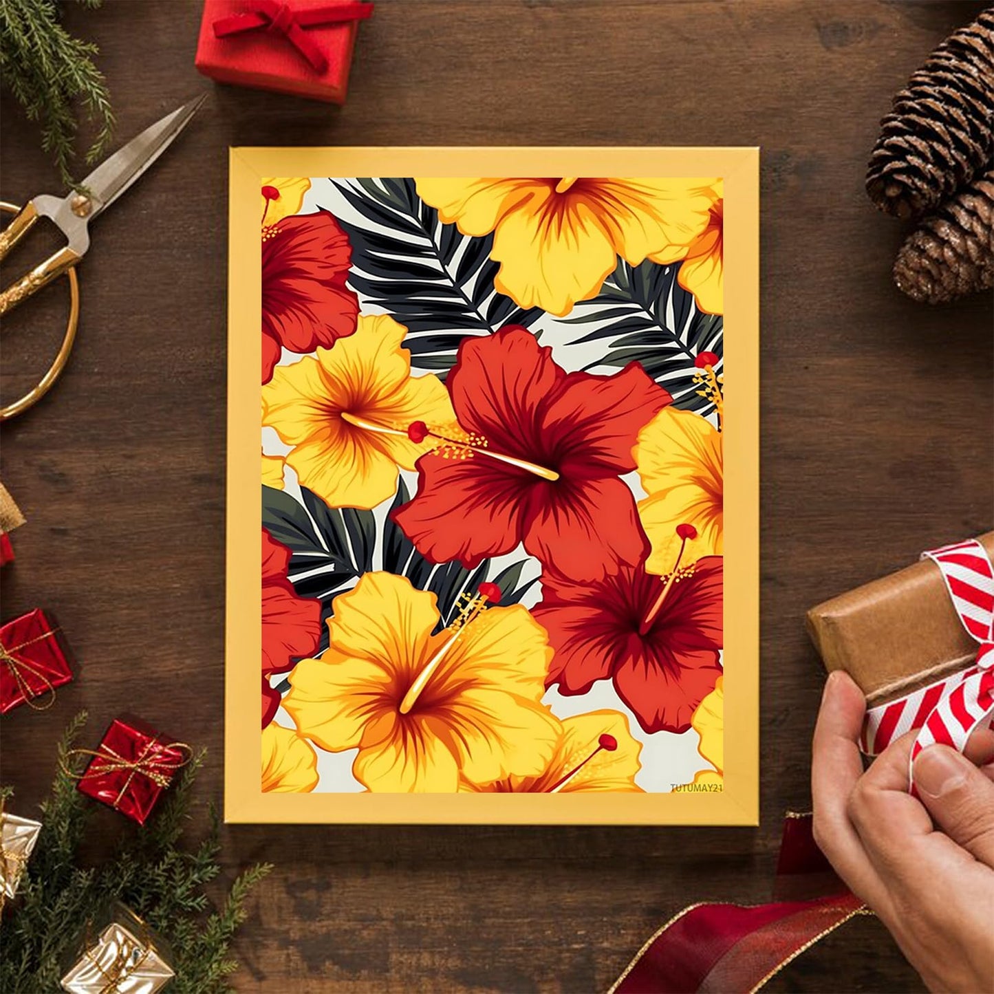 TUTUMAY21 Diamond Painting Kits for Adults, Yellow and Red Hibiscus Flowers Diamond Art Paintings Kits for Beginners, 5D Round Full Drill Diamond Painting Kits, for Room Decor Gifts 12x16 inch