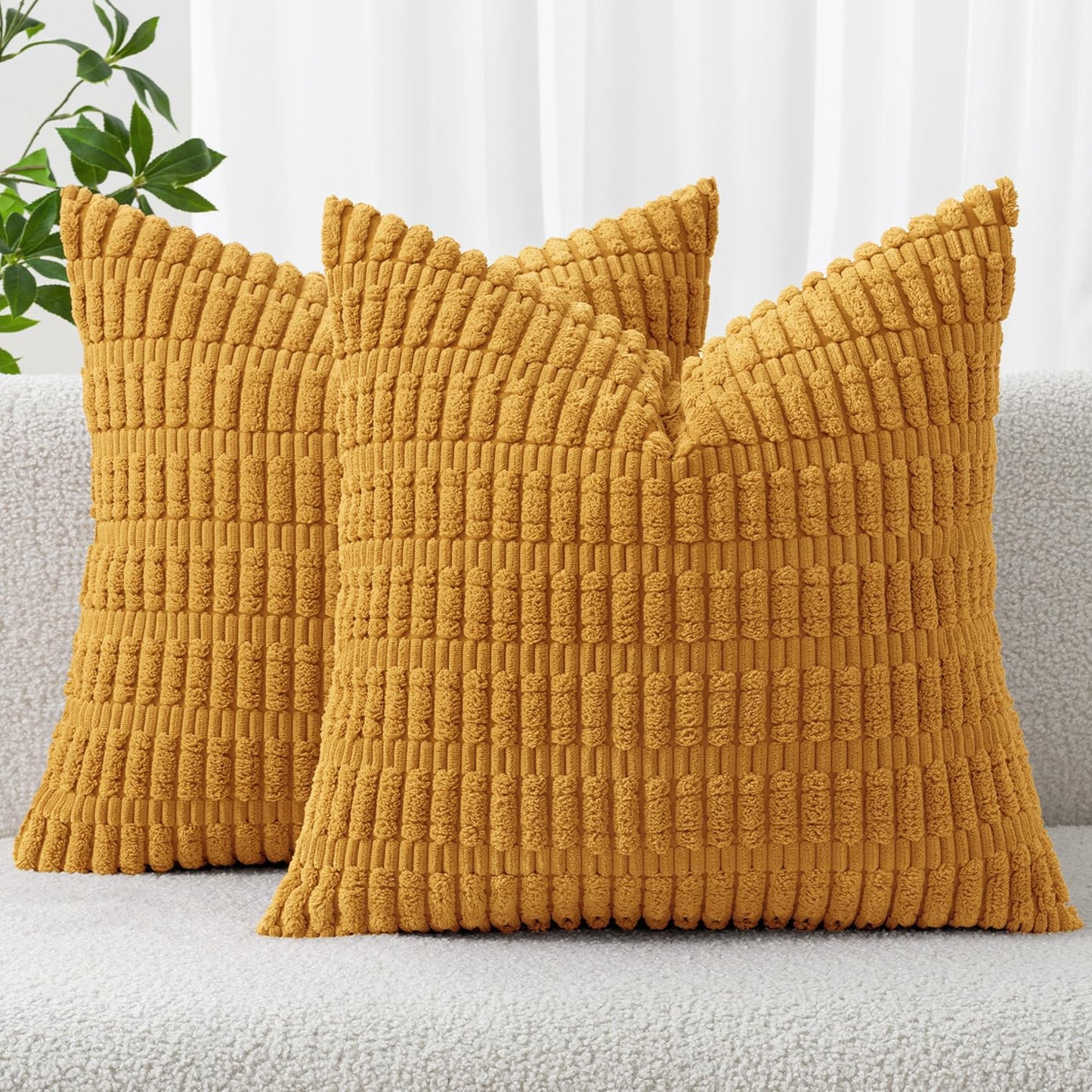 MIULEE Corduroy Throw Pillow Covers - Soft Boho Striped Design | 16x16 Inch, Gold Yellow for Modern Home Decor