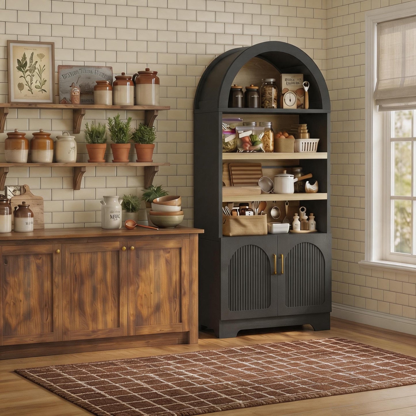 Bestier 71" Tall Arched Kitchen Pantry, Arched Cabinet with Doors, Modern Farmhouse Wood Kitchen Storage Cabinets with 3-Tier Adjustable Shelves for Living Room, Dining Room, Ktichen, Black