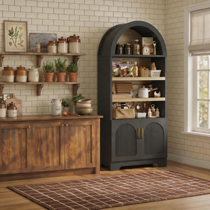 Bestier 71" Tall Arched Kitchen Pantry, Arched Cabinet with Doors, Modern Farmhouse Wood Kitchen Storage Cabinets with 3-Tier Adjustable Shelves for Living Room, Dining Room, Ktichen, Black